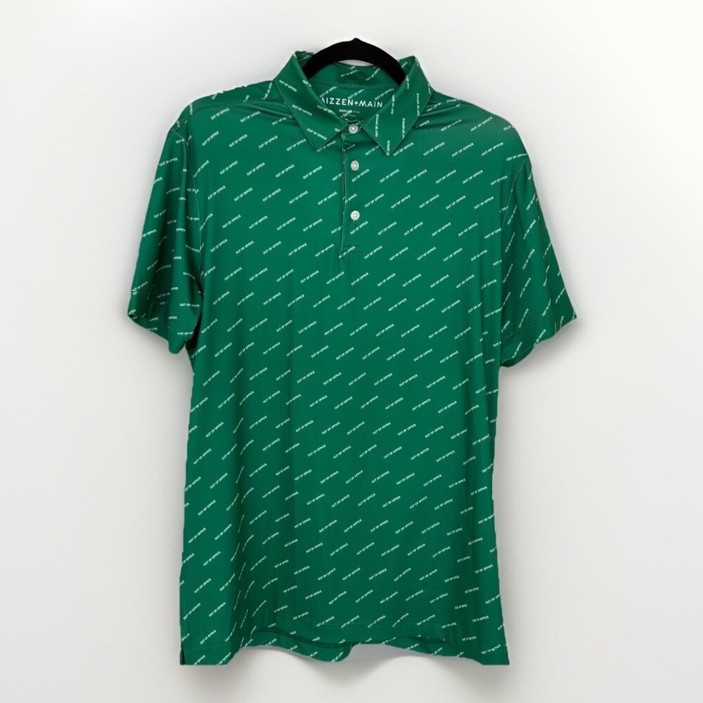 Mizzen Main Versa Polo Shirt Mens Medium Trim Green Out Of Office Print Stretch